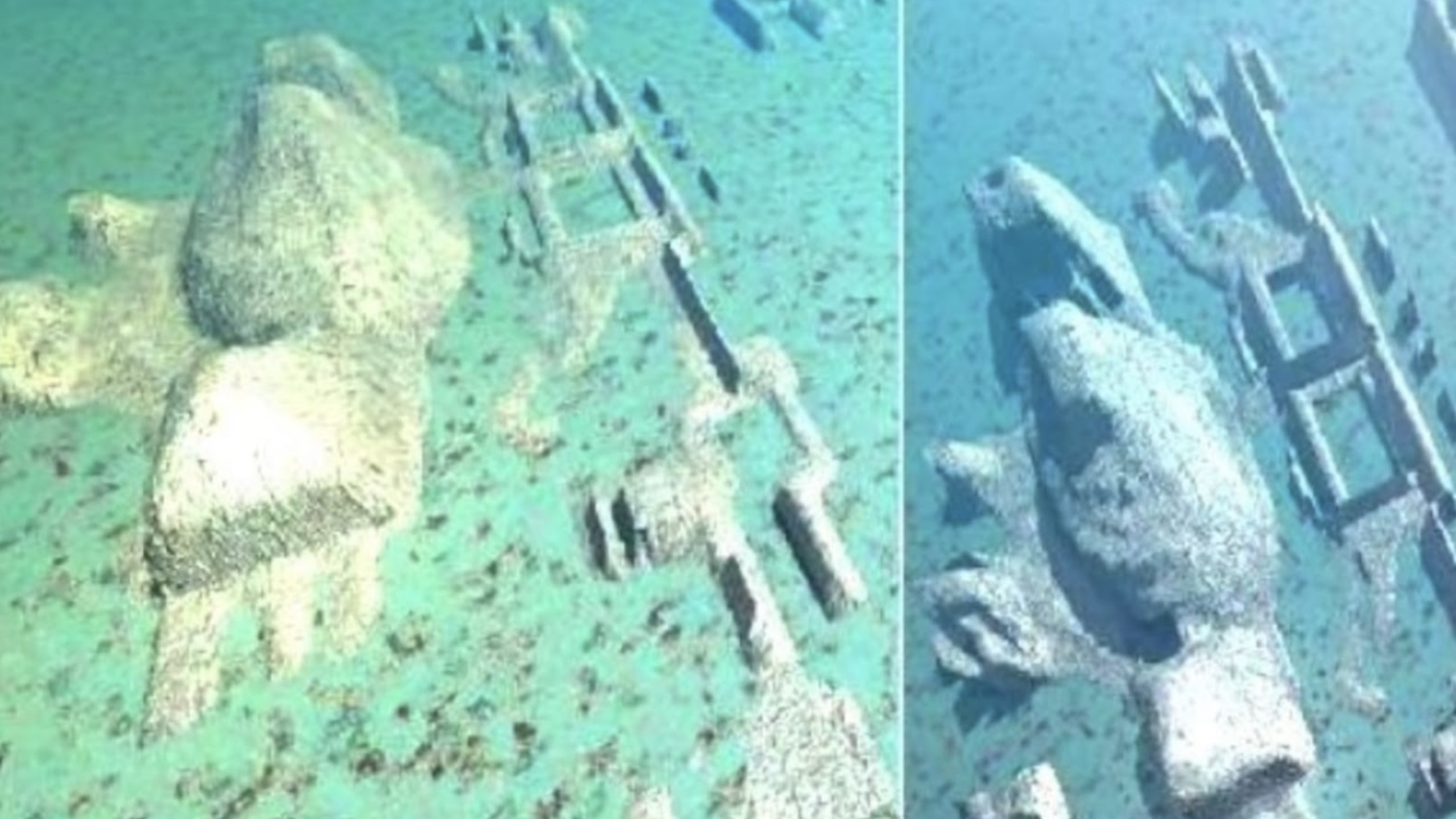 A split-image photograph taken underwater showcasing two different angles of geometric stone structures. On the left, the formations are aligned in a row, suggesting an artificial arrangement with rectangular and square shapes. On the right, the structures are more vertical, with some resembling pylons or towers